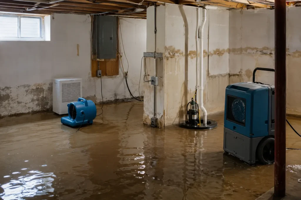 Flooded home cleanup in Midwest Illinois basement with restoration equipment